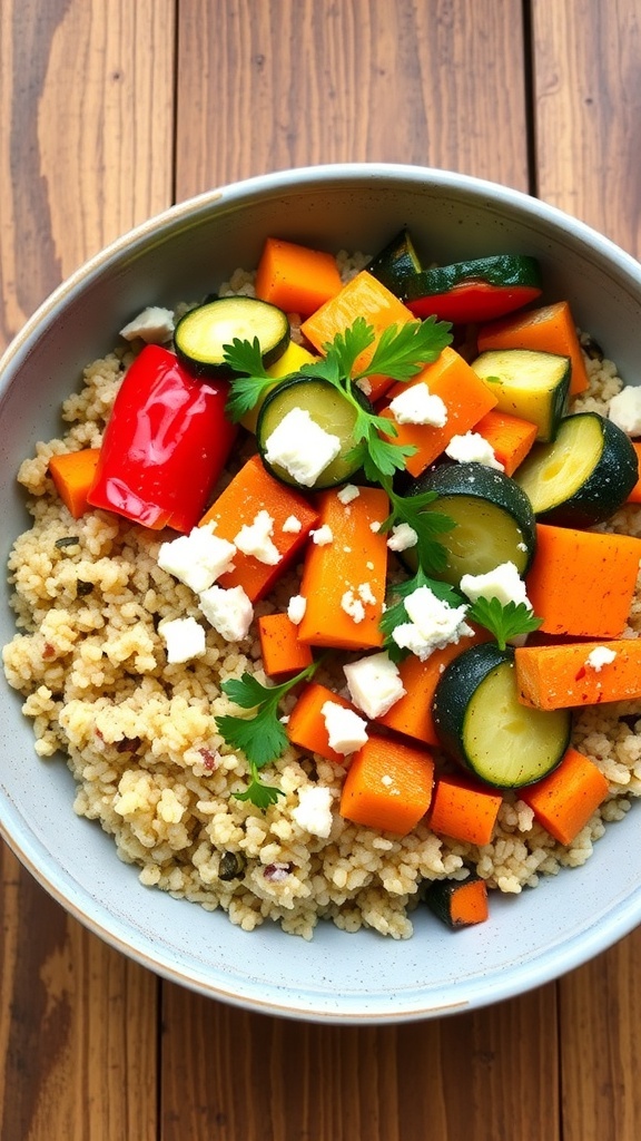 A colorful quinoa bowl with roasted bell peppers, zucchini, and carrots, garnished with feta cheese and parsley.